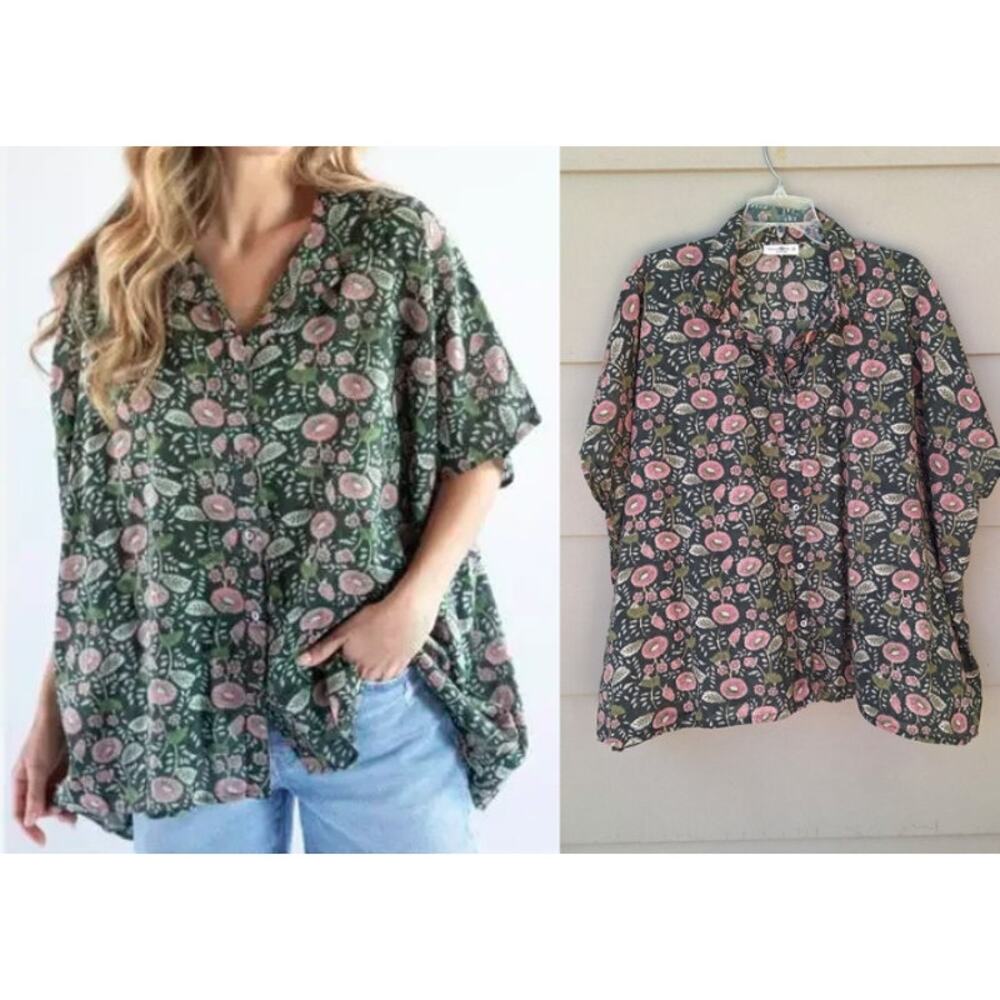 Natural Life Kelly Oversized Shirt Top Blouse 100% Cotton Green Pink Floral OS